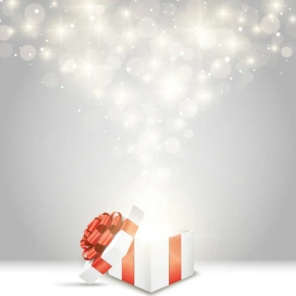 Άνοιξε Δώρο Κουτί Κόκκινο Τόξο Και Φώτα — Διανυσματικό Αρχείο
