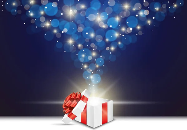 Caja Regalo Abierta Con Lazo Rojo Luces Bokeh Azules — Vector de stock