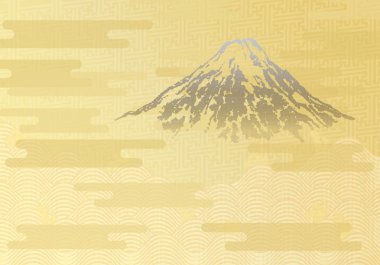 Japanese traditional golden background. Mt.Fuji, ocean wave, and cloud. Vector illustration.