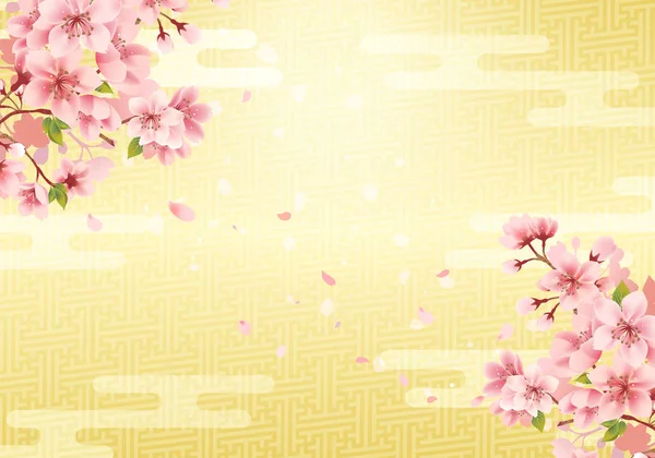 Japon Geleneksel Altın Arka Plan Kiraz Çiçeği Vektör Çizim — Stok Vektör