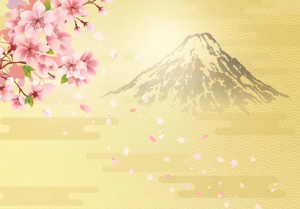 Fond Traditionnel Japonais Doré Mont Fuji Fleur Cerisier Illustration Vectorielle — Image vectorielle