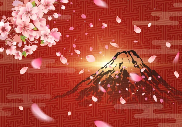 Mont Fuji Avec Lever Soleil Sur Fond Japonais Sakura Arbre — Image vectorielle