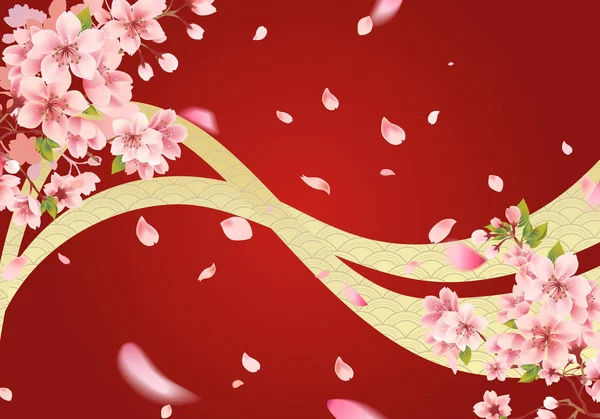 Cherry blossom on a red background with Japanese pattern motifs. Sakura branch in springtime with falling petals.