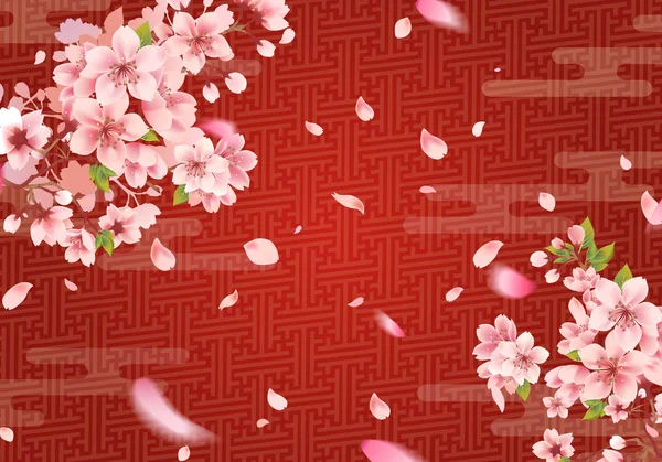 Körsbärsblommor Röd Bakgrund Med Orientaliska Mönster Sakura Gren Våren Med — Stock vektor