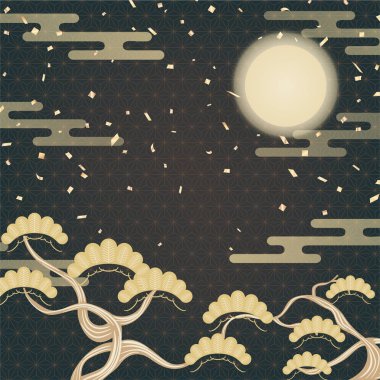 Çam ağacı, ay ve konfeti ile Japon altın geometrik arka plan