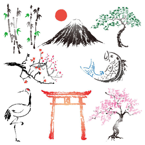 Set of Japanese style brushes design elements and ink symbol