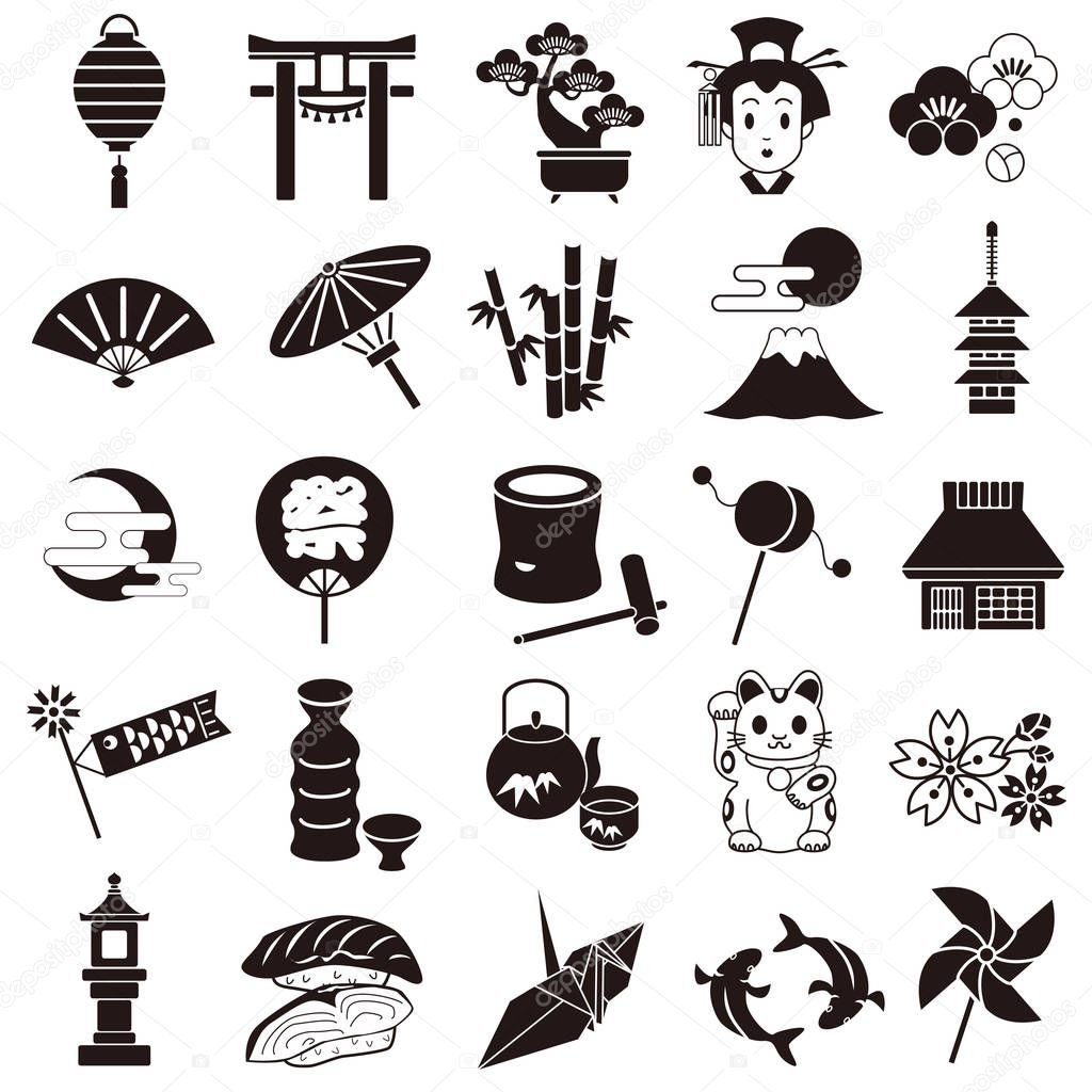 Japan icons set on a white background