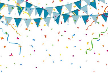 Blue party flags with colorful confetti and streamer on white background. Birthday and festive event. clipart