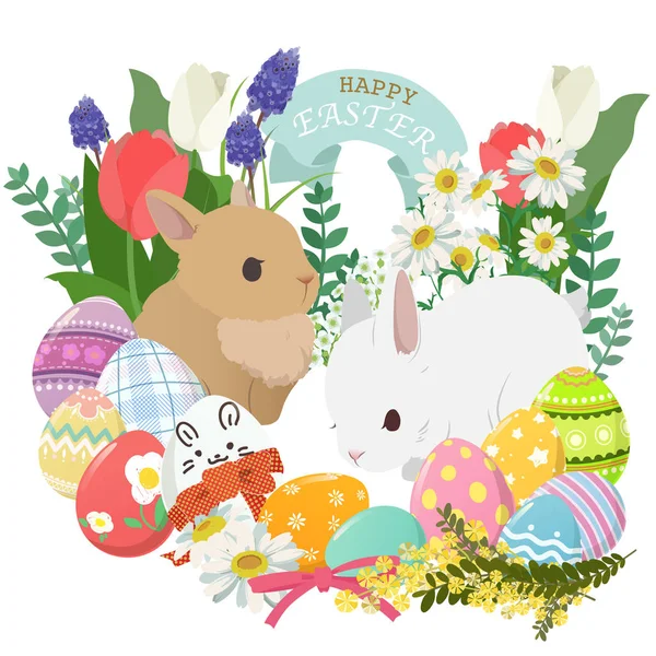 Feliz Pascua iconos conjunto con huevos decorados, conejo, flor y planta — Vector de stock