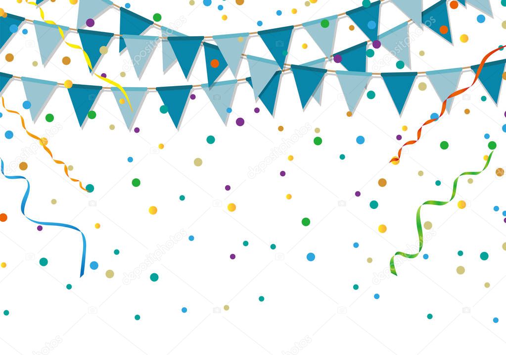 Blue party flags with colorful confetti and streamer on white background. Birthday and festive event.