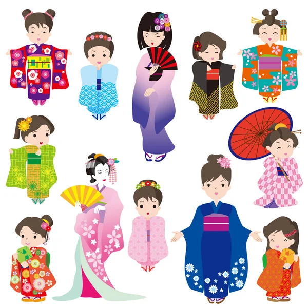 Японські Жінки Кімоно Плаття Набору Символів — стоковий вектор
