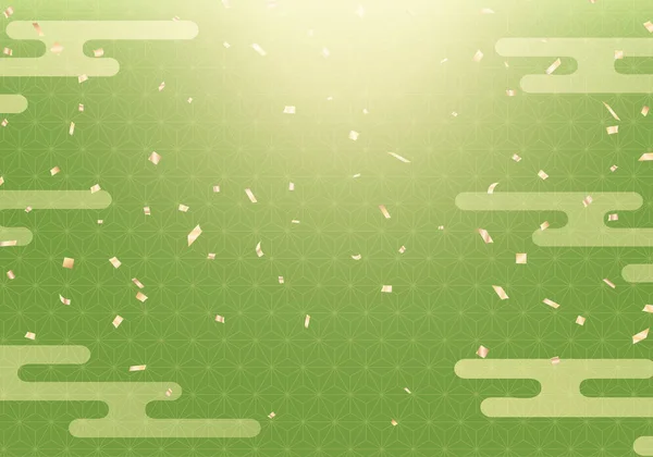 Fliegendes Goldkonfetti auf japanischem Matcha-Hintergrund — Stockvektor