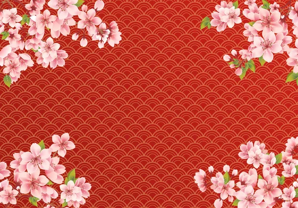 Sakura em onda fundo vermelho — Vetor de Stock