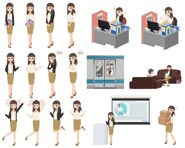 Set di design personaggio donna d'affari con pose diverse su uno sfondo bianco — Vettoriale Stock