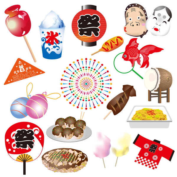 Japanese summer festival icons set