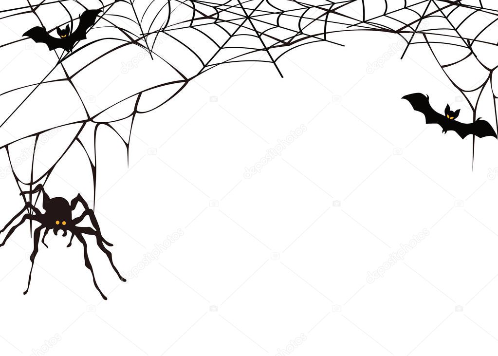 Halloween party background. Black spider and torn web.