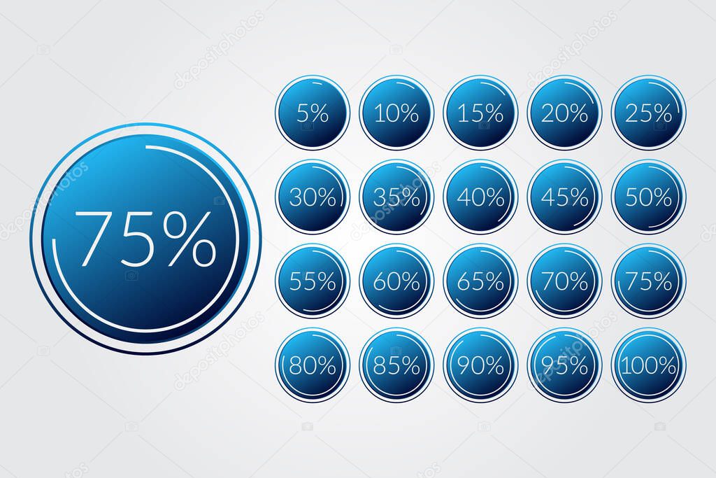 Percentage Vector Infographic Icons Set On Transparent Background 5 10 15 25 30 35 40 45 50 55 60 65 70 75 80 85 90 95 100 Percent Isolated Blue Pie Chart Signs For Business Web Design Downloading Progress Larastock