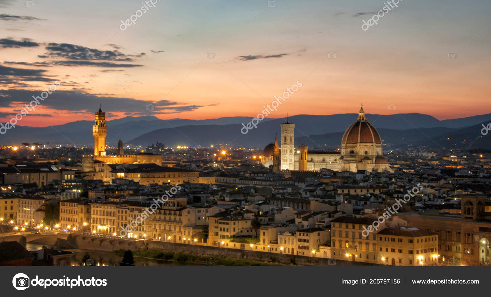 Vue Panoramique Florence Duomo Palazzo Vecchio Coucher