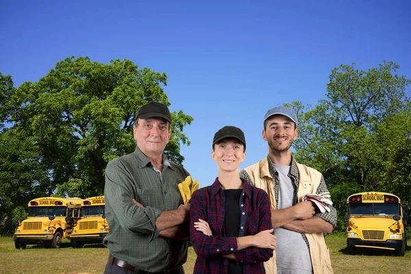 Three smiling school bus driver