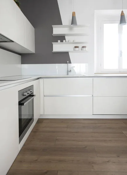 Modern white kitchen, home interior