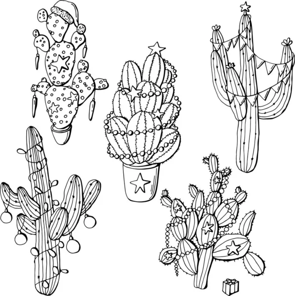 Illustration Dessinée Main Cactus Nouvel Élégant Cactus Forme Arbre Noël — Image vectorielle