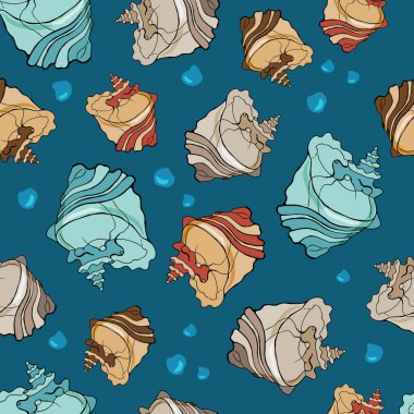 Deniz kabuklarıyla kusursuz desen. Çizgi film tarzı. Stok çizimi. Duvar kağıdı, kumaş, tekstil, ambalaj için tasarım.