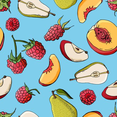 Meyvesiz, babasız. Ahududu, armut, şeftali, elma. Tam meyve ve dilimler. Çizgi film tarzı. Stok çizimi. Duvar kağıdı, kumaş, tekstil, ambalaj için tasarım.
