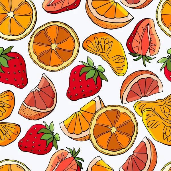 Patern Sin Fisuras Frutas Fresas Naranja Pomelo Frutas Enteras Rebanadas — Vector de stock