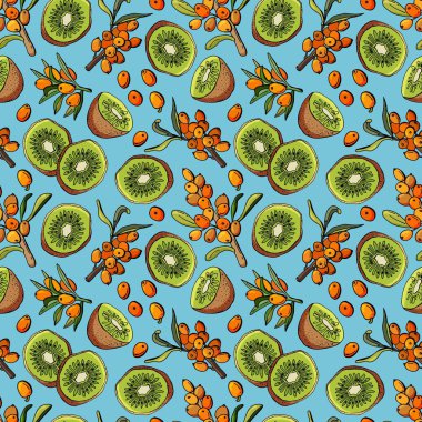 Çizgi filmdeki meyvesiz desenler elle çizilmiş. Kivi ve deniz dikenleriyle arka planı tekrar et. Taze gıda kumaşı tasarımı.