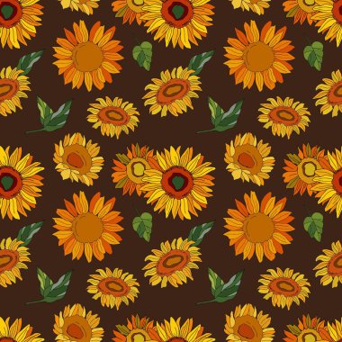 Yapraklı ayçiçekleri. Zarif el, çiçeksiz desen çizmiş. Çizgi film tarzı illüstrasyon. Stock Illustration 'da. Tekstil, kumaş, duvar kağıtları, ambalaj, çiçekçilik, web sitesi tasarımı.