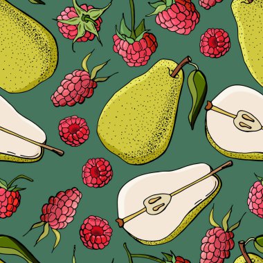 Meyvesiz, dikişsiz desen. Armut ve ahududu. Tam meyve ve dilimler. Çizgi film tarzı. Stok çizimi. Duvar kağıdı, kumaş, tekstil, ambalaj için tasarım.