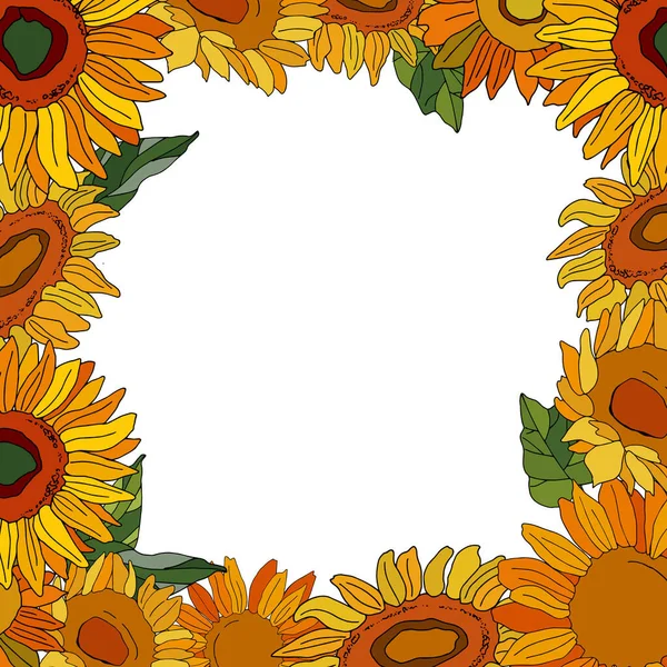 Square frame of sunflower flowers. Cartoon style. White background, isolate. Stock illustration.