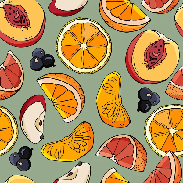 Patrón Sin Costura Fruta Naranjas Manzanas Melocotón Pomelo Grosellas Ilustración — Vector de stock