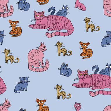 Kediler. Kedilerde kusursuz desen. Tasarımın için sonsuz doku. Çizgi film tarzı. Stok illüstrasyonu.