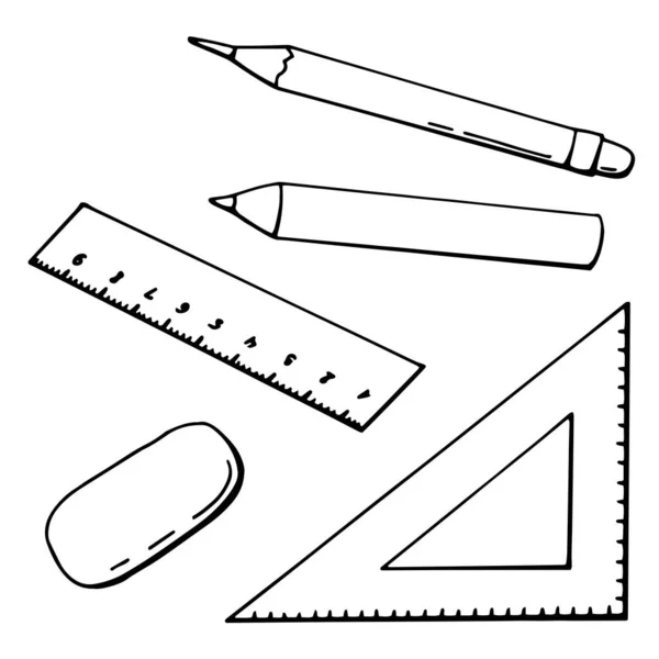 Schulbedarf Quadrat Lineal Radiergummi Bleistifte Linienkunst Weißer Hintergrund Isoliert Archivbild — Stockvektor