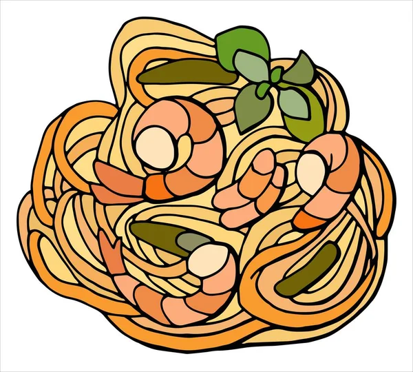 Espaguete Com Camarões Cozinha Italiana Fundo Branco Isolar Ilustração Das — Vetor de Stock