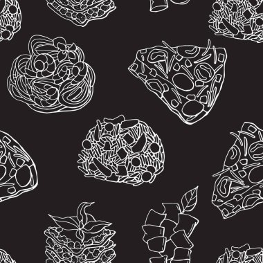 Kusursuz İtalyan mutfağı deseni. Lazanya, frittata, makarna, risotto, gnocchi. Satır sanatı.