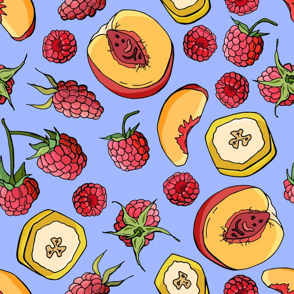 Patrón Sin Costura Fruta Plátano Melocotón Frambuesas Estilo Dibujos Animados — Vector de stock