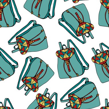 Okul çantalarının kusursuz deseni. Beyaz arka plan, tecrit. Stok illüstrasyonu.