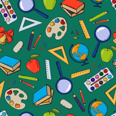 Okulun kusursuz bir düzeni var. Küre, kitaplar, boyalar, palet, çağrı, kalemler, cetvel, elma, ataç, cetvel, silgi, büyüteç, düğmeler. Çizgi film tarzı. Stok illüstrasyonu. 