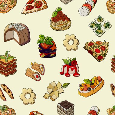 İtalyan mutfağı. İtalyan yemeklerinden kusursuz desenler. Çizgi film tarzı. Stok illüstrasyonu.