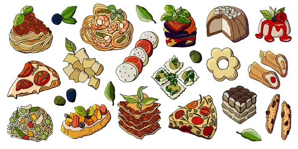 Set Platos Cocina Italiana Estilo Dibujos Animados Fondo Blanco Aislante — Vector de stock