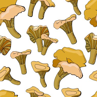 Beyaz yalıtılmış arka planda mantarlı kusursuz desen. Sonbahar dürtüleri. Tasarımınız için sonsuz doku.