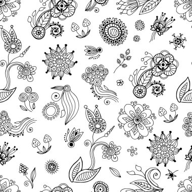 Etnik tarzda kusursuz çiçek süsü. Çizgi çalışması. Beyaz arka plan, izolatör. Stok çizimi. Duvar kağıtları, kumaşlar, tekstil, ambalaj tasarımı.