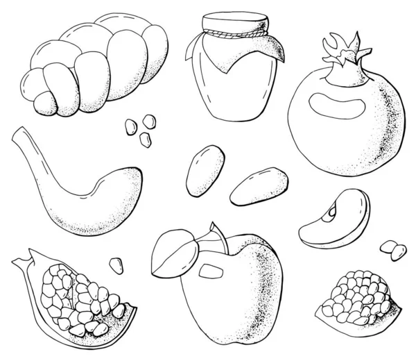 Ensemble Produits Pour Les Vacances Rosh Hashana Grenade Miel Pomme — Image vectorielle