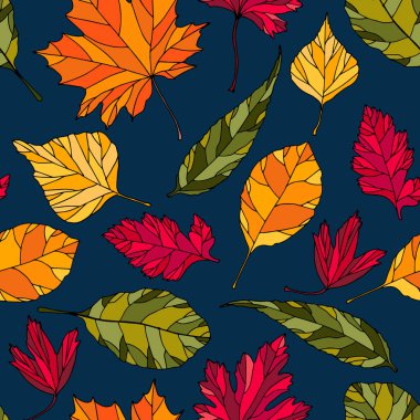 Renkli yaprakları olan sonbaharda pürüzsüz bir desen. Çizgi film tarzı. Stok çizimi. Duvar kağıdı, kumaş, tekstil, ambalaj için tasarım.