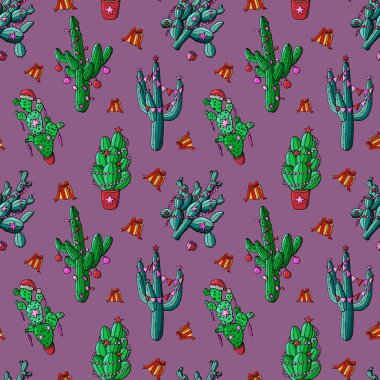 Kusursuz bir yeni yıl düzeni. Kaktüs, çelenkler, yıldızlar ve toplarla süslenmiş. Paketleme ve paketleme kağıdı için tasarım.