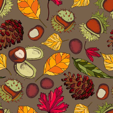 Sonbaharda kusursuz desen. Kestane, koni, yaprak. Çizgi film tarzı. Stok çizimi. Duvar kağıdı, ambalaj, kumaş, tekstil, ambalaj kağıdı için tasarım.