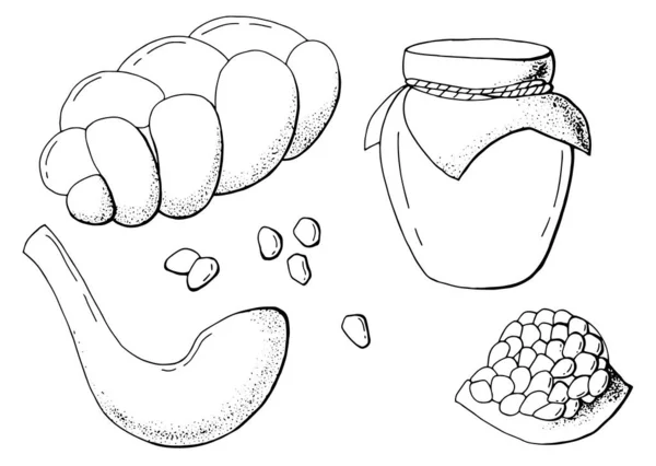 Комплект Продукции Праздника Рош Шана Гранат Мед Шофар Хала Белый — стоковый вектор