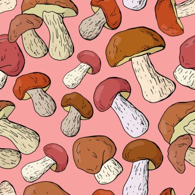 Mantarsız mantar deseni. Beyaz mantarlar. Çizgi film tarzı. Stok çizimi. Kafe, duvar kağıdı, ambalaj, kumaş, tekstil, ambalaj kağıdı için tasarım.